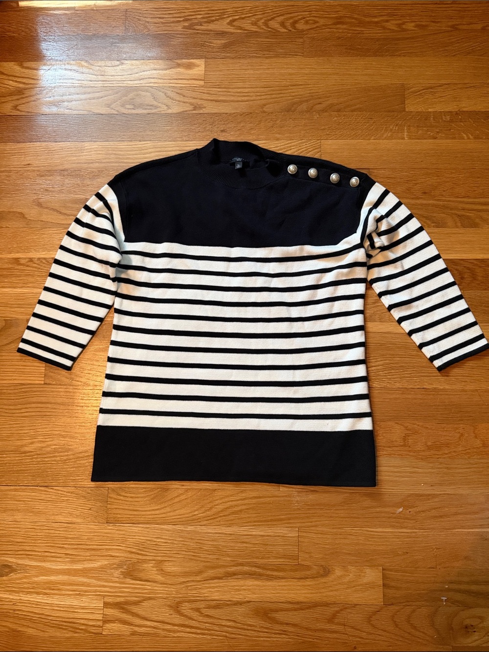 Talbots Black and White Striped Crewneck Sweater with Button Detail